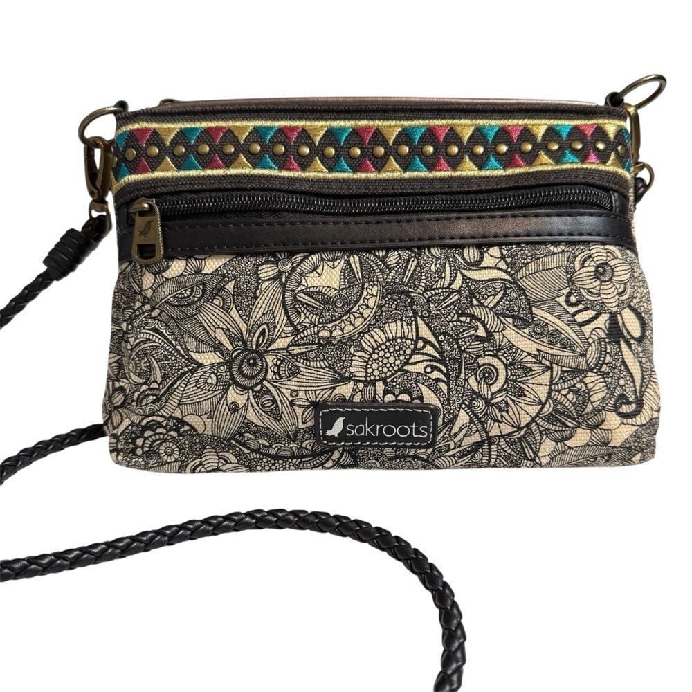Sakroots Floral Canvas Mini Crossbody Bag Braided Strap Boho Black Cream 9x6